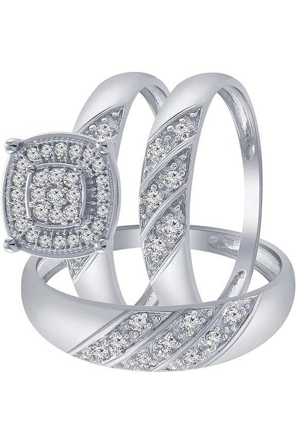 925 Sterling Silver 3.30 Ct Round Cut White Diamond Engagement Wedding Thanksgiving Christmas Trio Ring Set 14K White Gold Plated For Unisex -4