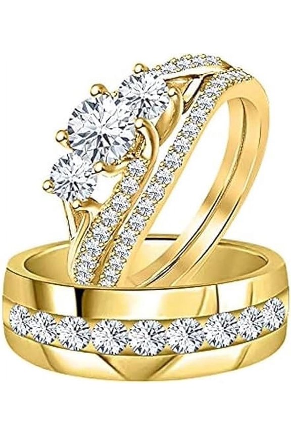 925 Sterling Silver 3.75 Ct Round Cut White Diamond Engagement Wedding Thanksgiving Christmas Trio Ring Set 14K Yellow Gold Plated For Unisex -9