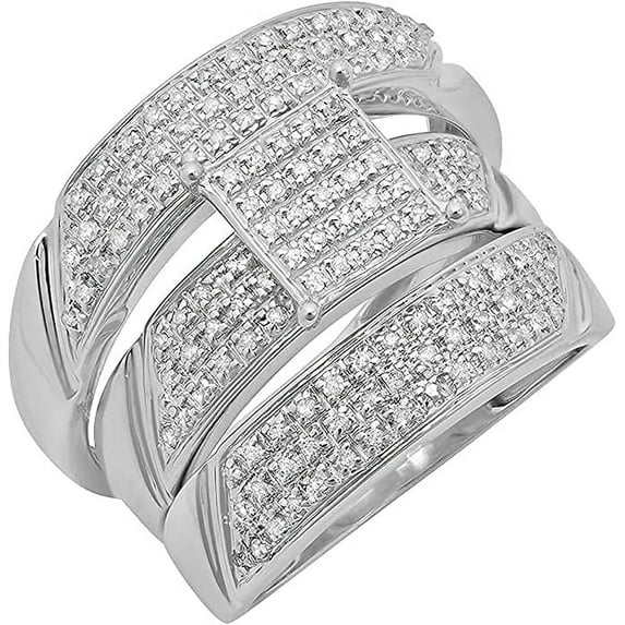 NYS Jewellrs Unisex 14K White Gold Plated 2.40 Ct Round Cut White Diamond Wedding Engagement Trio Ring Set 925 Sterling Silver For Men's & Women's -8