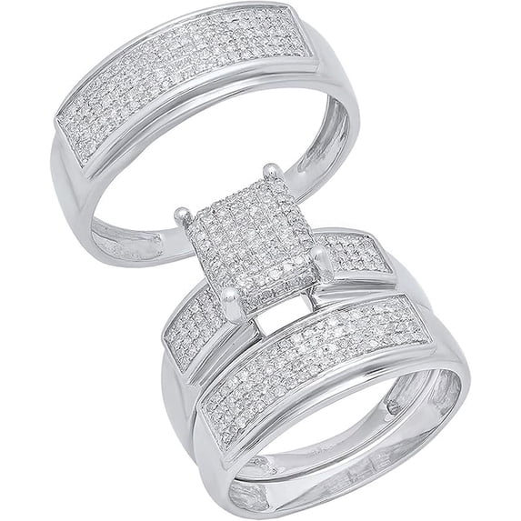 NYS Jewellrs Unisex 14K White Gold Plated 2.55 Ct Round Cut White Diamond Wedding Engagement Trio Ring Set 925 Sterling Silver For Men's & Women's -9