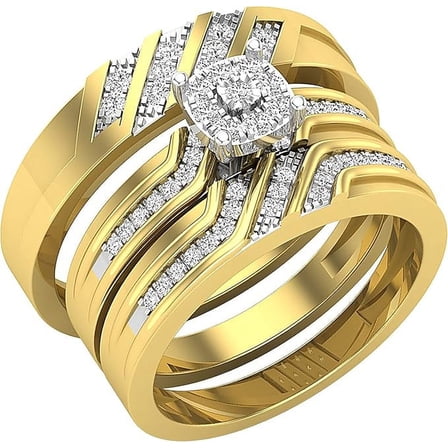 NYS Jewellrs Unisex 14K Yellow Gold Plated 1.85 Ct Round Cut White Diamond Wedding Engagement Trio Ring Set 925 Sterling Silver For Men's & Women's -9