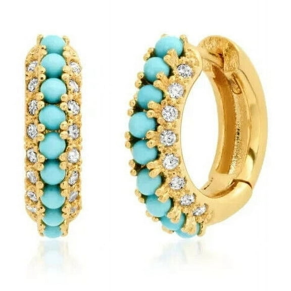 NYS Jewellrs2.00 Ct Round Cut Turquoise Pretty Clip On Hoop Earrings For Womens 14K Yellow Gold Plated 925 Sterling Silver