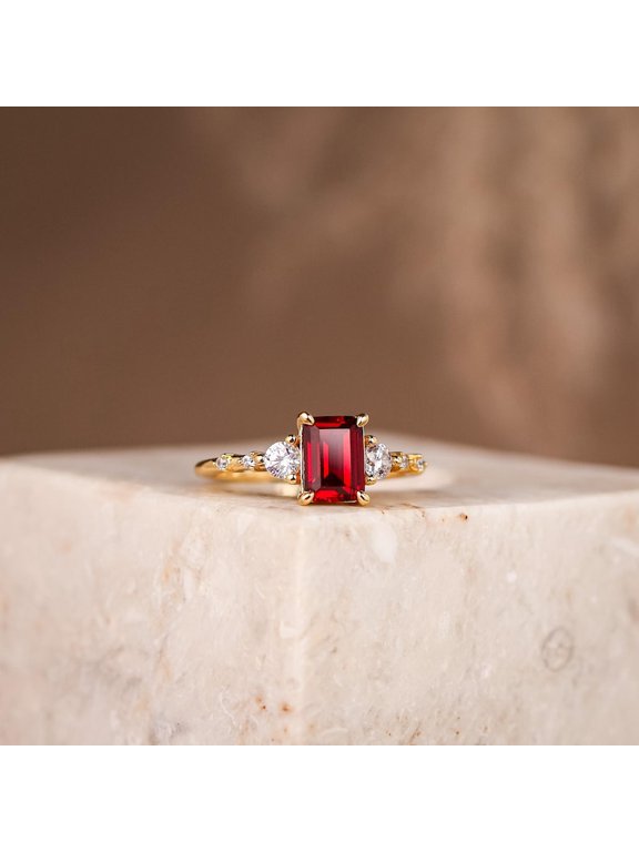 NYS Jwellers Emerald Cut Red Ruby Women's Engagement Ring, 14K Yellow Gold Plated 925 Sterling Silver-7