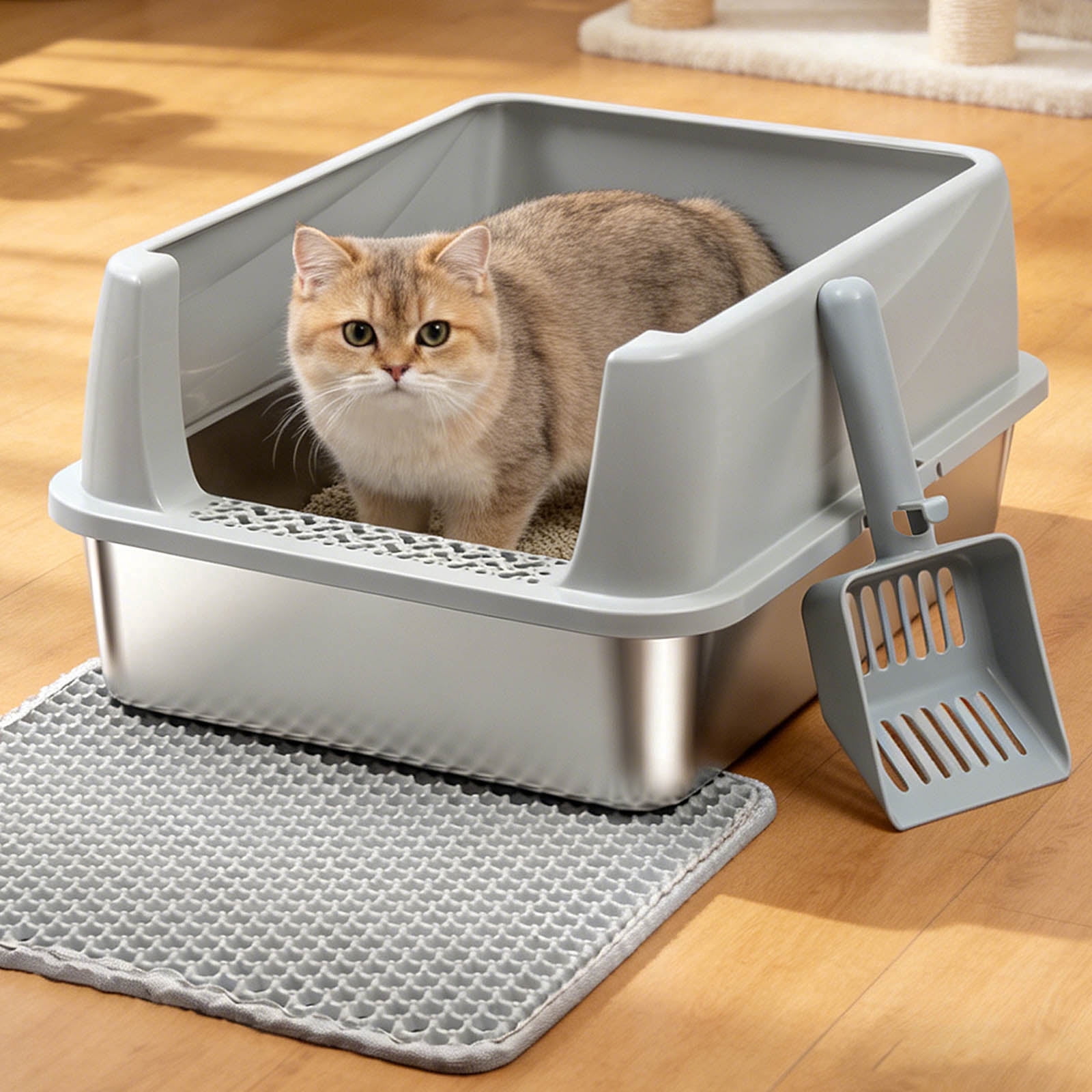 NYUTU Medium Stainless Steel Litter Box with Lid  - M Metal Cat Litter Box Cat Litterbox  Pet Toilet Supplies for Cat or Kitty/Kitten，No Stick Easy Clean-No Smell