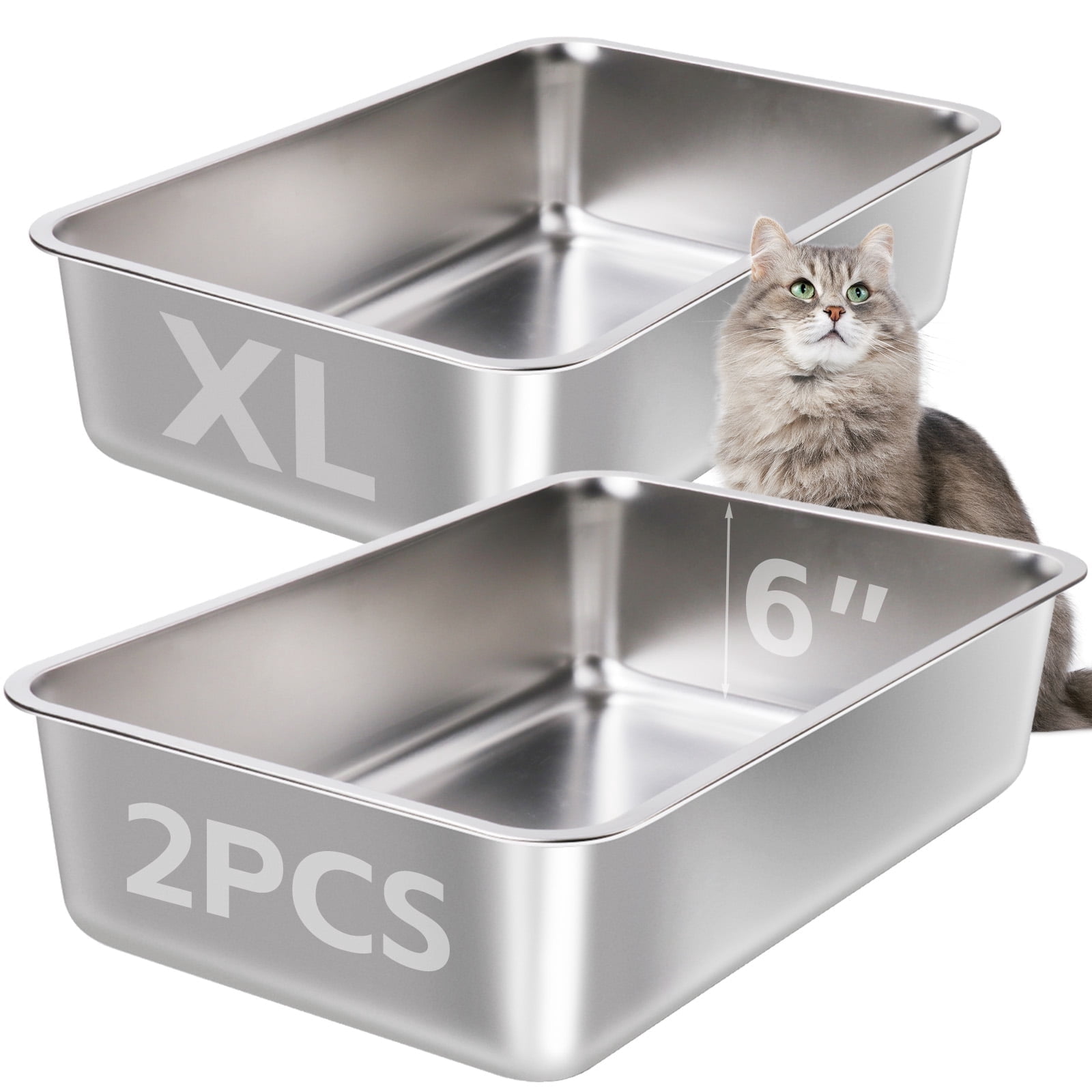 Nyutu Stainless Steel Cat Litter Box 2 Pack,XL Metal Litter Box, Litterbox Pet Toilet Easy to Clean,6" Litters Boxes Adult Big Cats,Non Stick/Smell