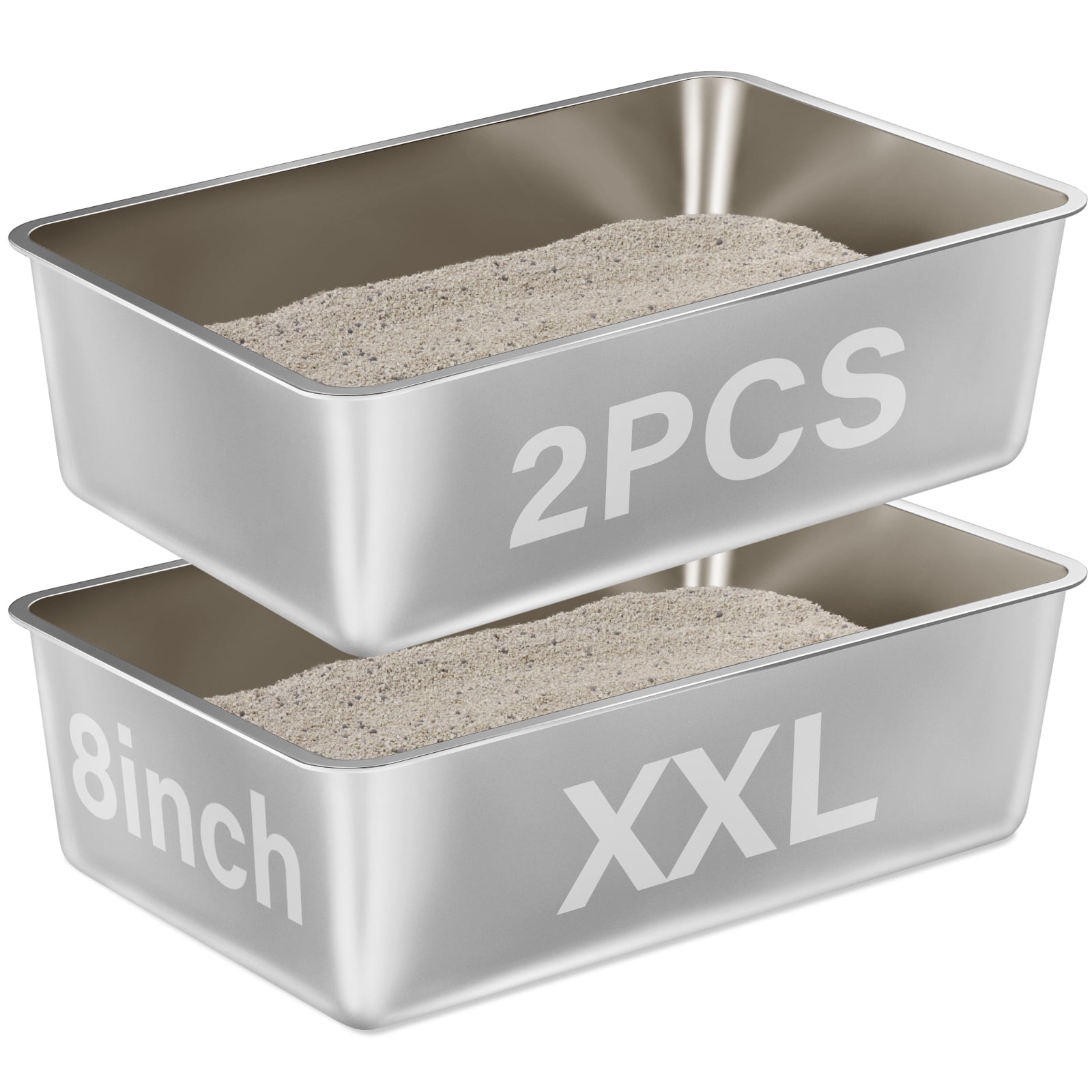 NYUTU Stainless Steel Cat Litter Box 2 Pack,XXL Metal Litter Box for Big Cats, Cat LitterBox Metal Pet Toilet Easy to Clean,High Sided Litters Boxes Adult Big Cats,Non Stick, No Smell,23.6"x15.8"x8"