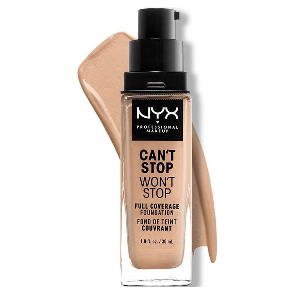 A tan bottle of NYX foundation with a black pump lid and a color swatch behind it