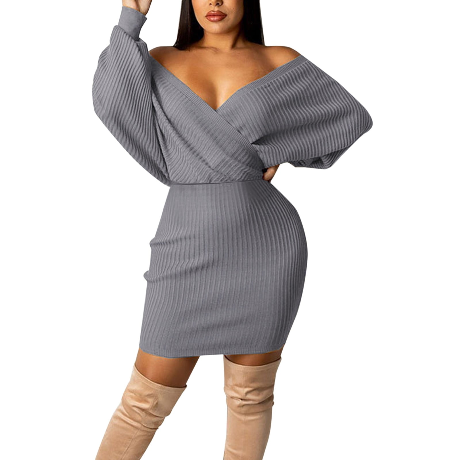 NYYF Women's Autumn Winter Sexy Deep V Neck Long Sleeve Dress