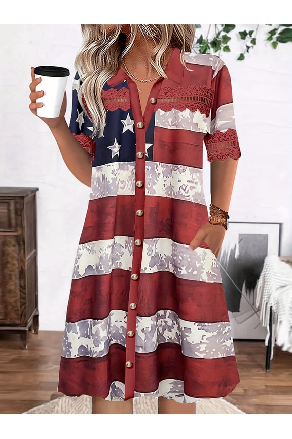 Women's Plus Size 4th of July Patriotic Midi Dress, Short Sleeve Lace Trim Button Down Distressed Stripe Shirt Dress with Pockets, Loose Flowy Fit
