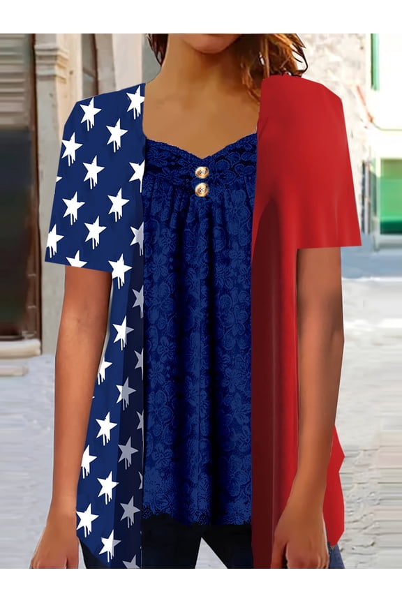 Women's Plus Size 4th of July Layered Blouse, Short Sleeve Fake 2-in-1 Patriotic Tunic Top with Lace Detail