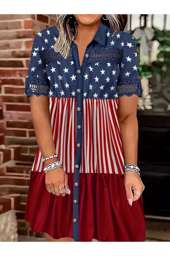 Plus Size 4th of July Star Stripe Button Shirt Dress