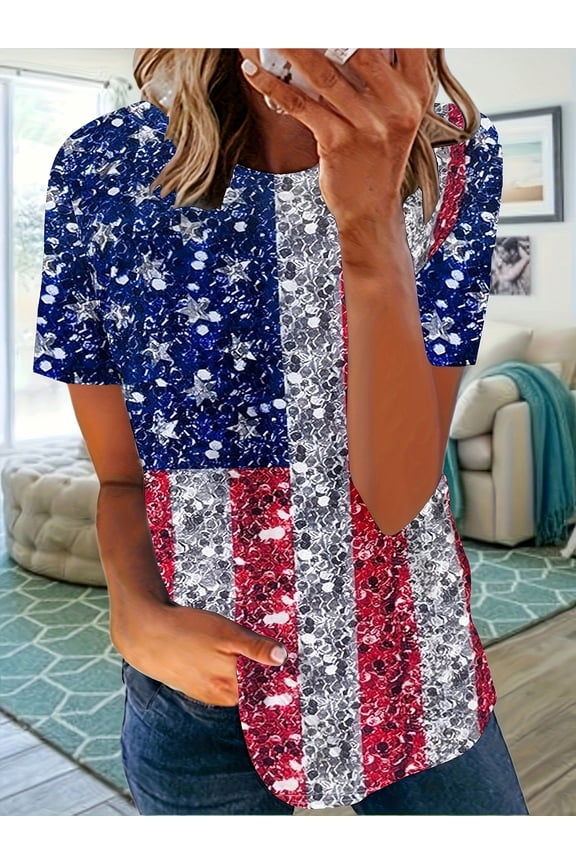 Women's Plus Size 4th of July Patriotic T-Shirt, Short Sleeve Crew Neck Star Stripe Graphic Tee, Straight Loose Fit