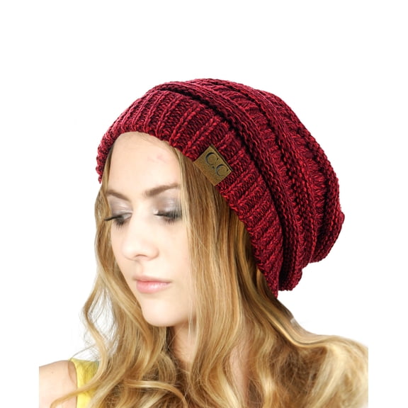 NYfashion101 Exclusive Unisex Two Tone Warm Cable Knit Thick Slouch Beanie Cap, 2 Tone Burgundy