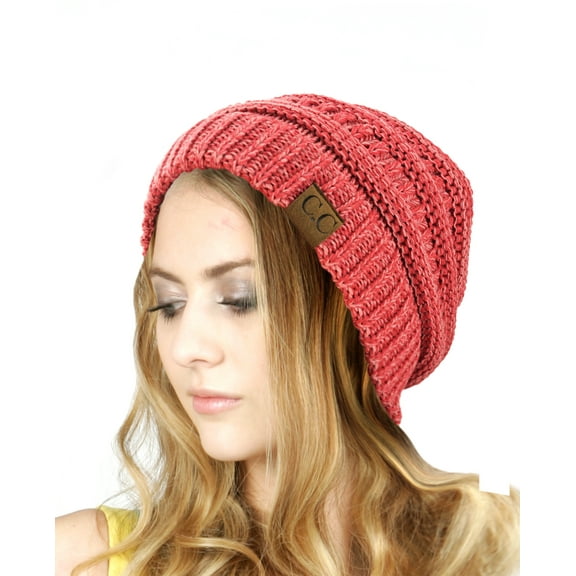 NYfashion101 Exclusive Unisex Two Tone Warm Cable Knit Thick Slouch Beanie Cap, 2 Tone Coral
