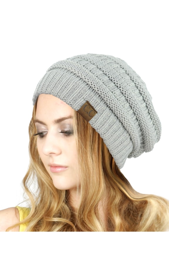 Exclusive Unisex Two Tone Warm Cable Knit Thick Slouch Beanie Cap, 2 Tone Light Gray