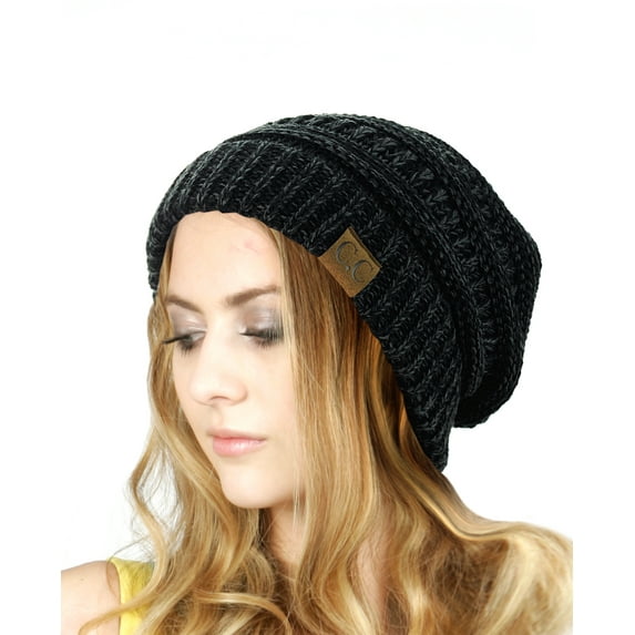 NYfashion101 Exclusive Unisex Two Tone Warm Cable Knit Thick Slouch Beanie Cap, Black/Gray