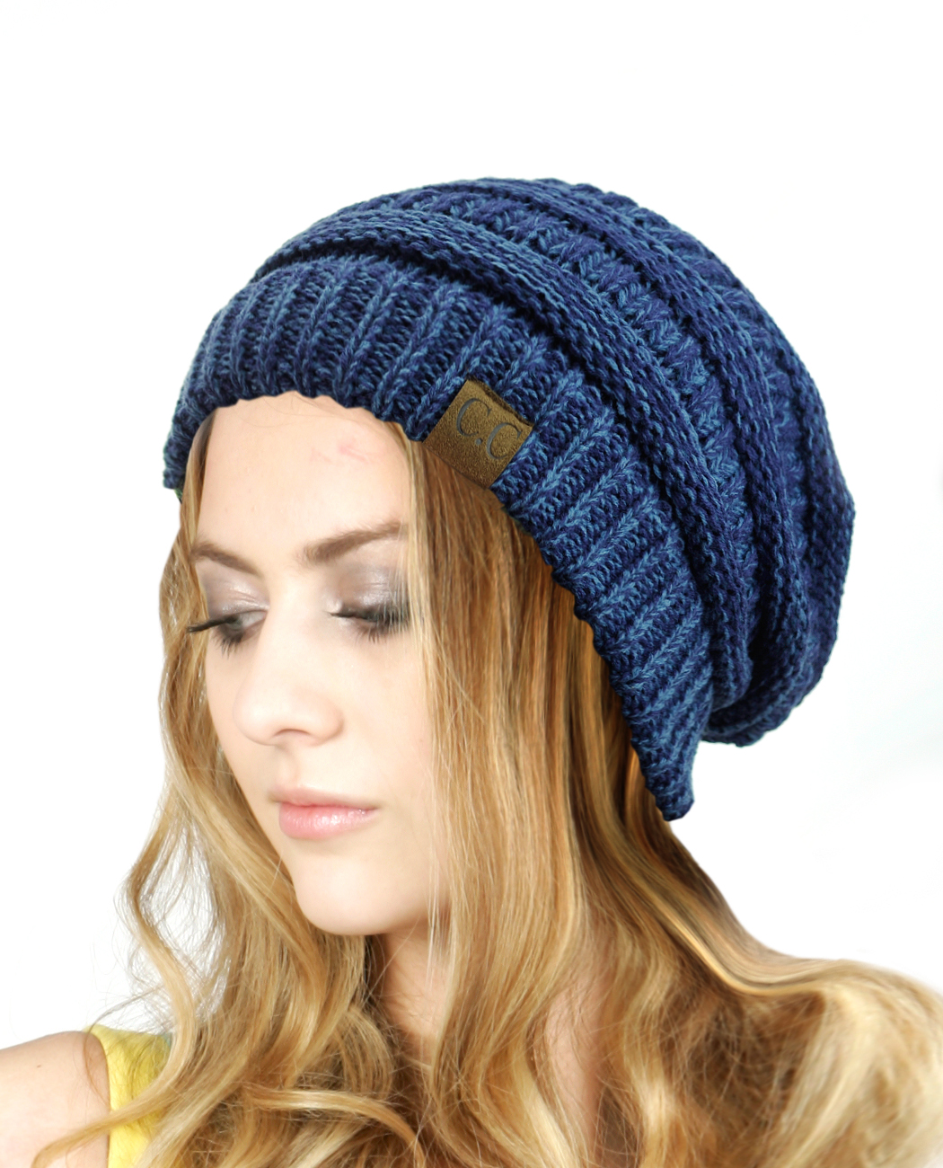 NYFASHION101 Two-Tone Cable Knit Beanie – Blue/Denim Slouchy Warm Winter Hat, Unisex - View #2