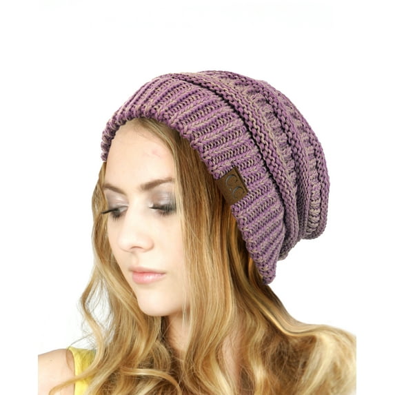 NYfashion101 Exclusive Unisex Two Tone Warm Cable Knit Thick Slouch Beanie Cap, Lilac/Dark Beige