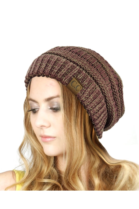 Exclusive Unisex Two Tone Warm Cable Knit Thick Slouch Beanie Cap, Raspberry/Beige