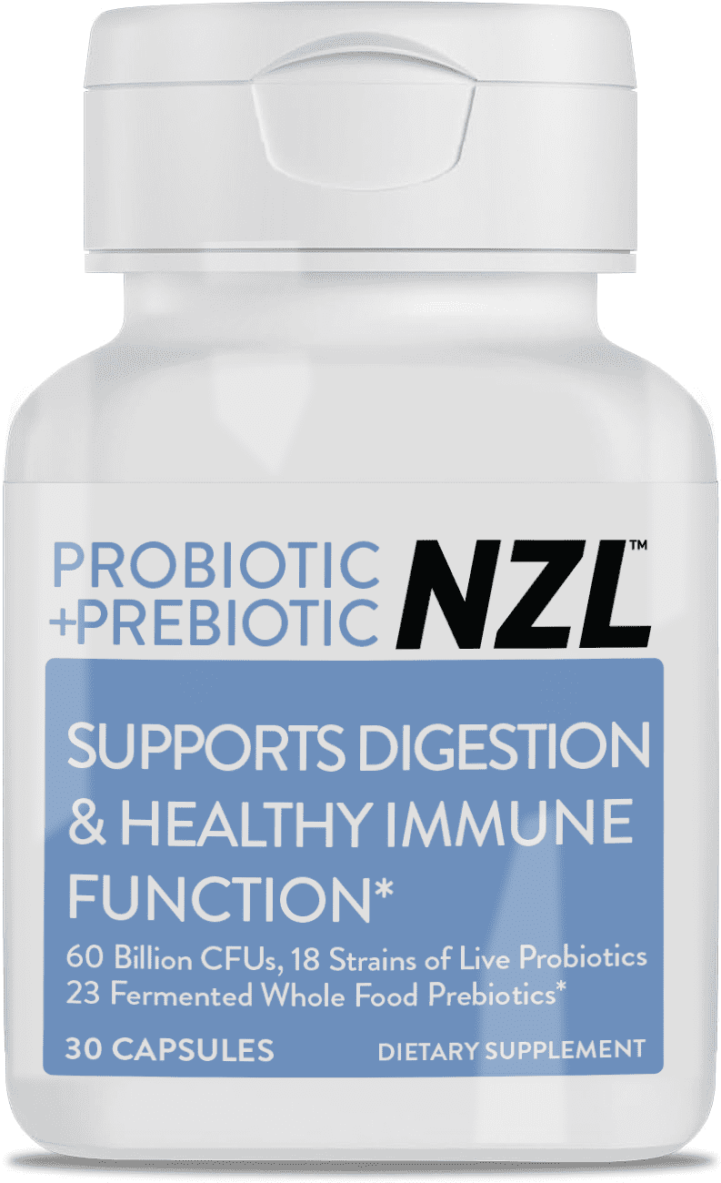 NZL Probiotic + Prebiotic Capsules, Once Daily 60 Billion CFUs, Digestive Health for Men and Women, 18 Strains, Shelf Stable, With Fermented Wholefoods, Prebiotic & Fibre, 60 caps, 1 Month Supply
