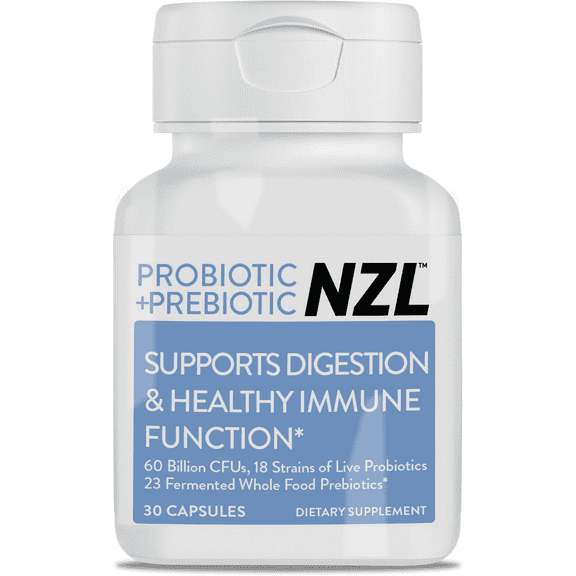 NZL Probiotic + Prebiotic Capsules, Once Daily 60 Billion CFUs, Digestive Health for Men and Women, 18 Strains, Shelf Stable, With Fermented Wholefoods, Prebiotic & Fibre, 60 caps, 1 Month Supply