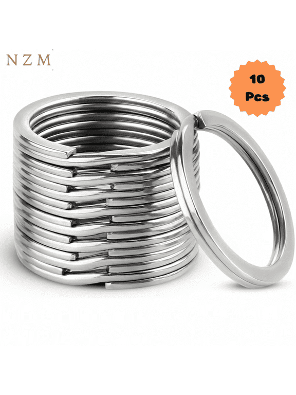 NZM Surgical and Marine Grade Stainless Steel Flat Key Ring Keychain, Silver, 10 Count