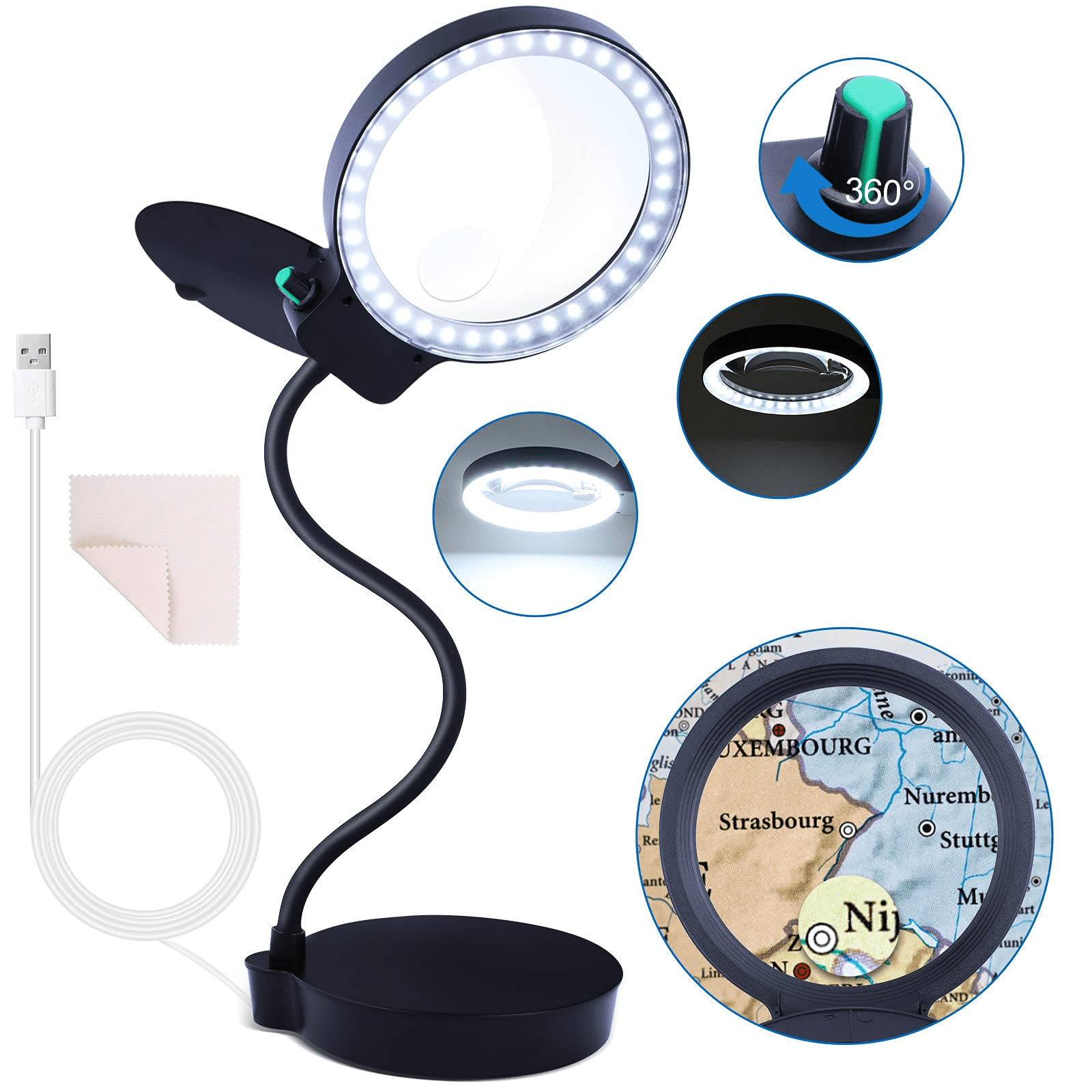 Tom-shine Magnifying Glass Lamp 3X 10X,Stepless Dimmable LED Magnifying  Lamp with Dust Cover Metal Clamp,Adjustable LED Magnifier with Light and  Stand