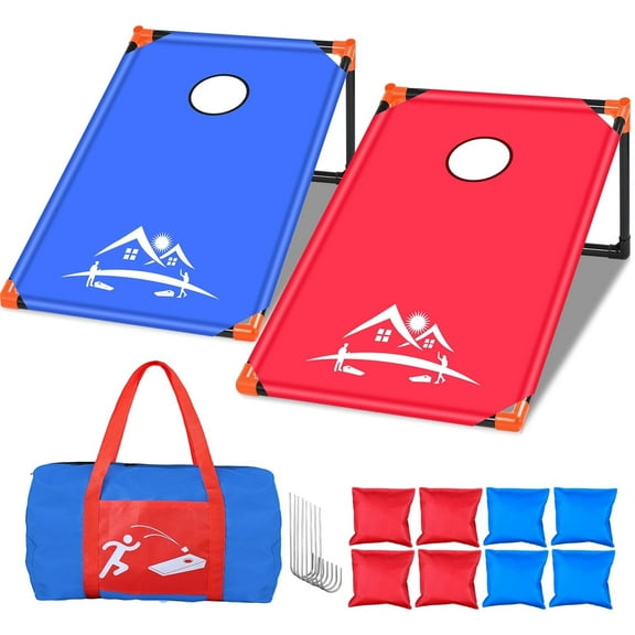 CornHole Boards Set Portable with 8 Bean Bags,Cornhole Beach Yard Games for Adults Kids and Family Outdoor Indoor Carnival Picnic Camping Travel Lawn Birthday Party (3 x 2 ft Classic Red Blue)