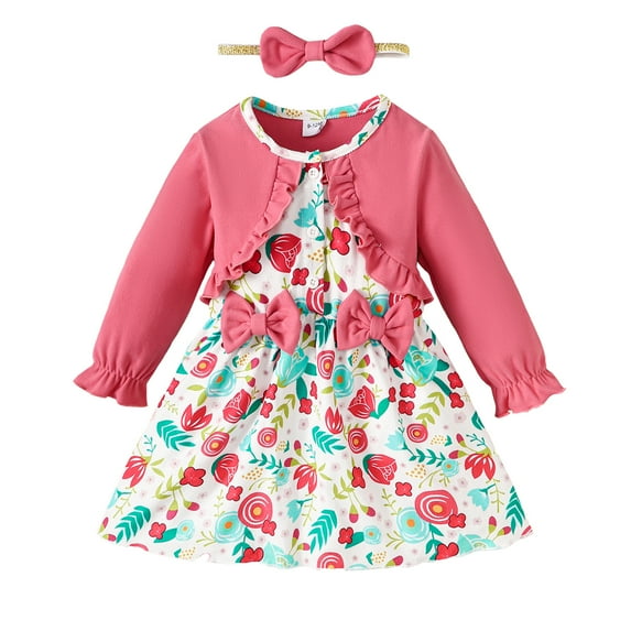 NZRVAWS 12 Months Toddler Baby Girls Dress 18 Months Girls Long Sleeve Dress Floral Dress with Headband 2pcs Set Pink