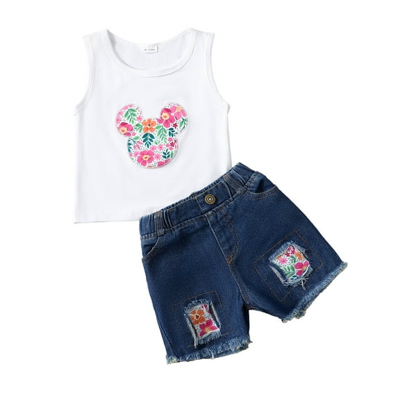 NZRVAWS 2T Toddler Baby Girls Summer Outfits Set 3T Girls Sleeveless Top Denim Shorts Set White