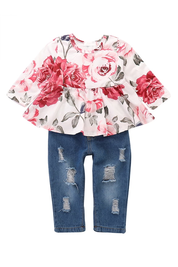 3T Toddler Baby Girls Outfits Rose Print Long Sleeve Round Neck Top+Ripped Jeans Pants 2PCS Clothes Set 3-4T,Pink