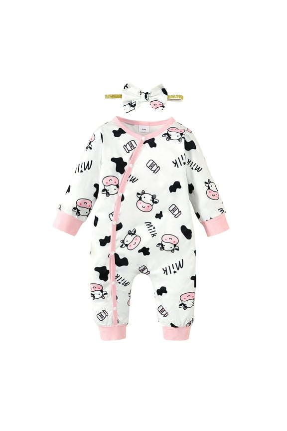 6 Months Baby Girls Romper 9 Months Baby Girls Long Sleeve Romper Infant Girls Milk Printing Bodysuit with Headband 2PCS Set White