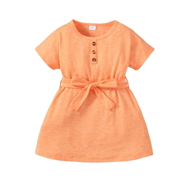 NZRVAWS 7T Little Girls Summer Dress 7T Girls Short Sleeve Dress Solid Color Dress Orange