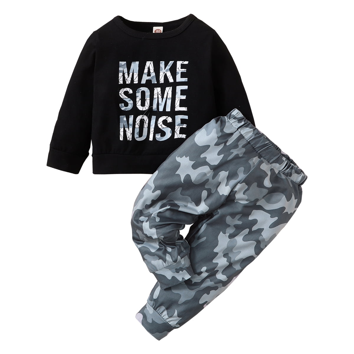 Baby 2pcs Letters Print Black Long-sleeve T-shirt and Camouflage Trouser Set