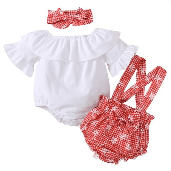 NZRVAWS Baby Girls Clothes 9 Months Girls Pagoda Sleeve Romper Top 12 Months Girls Straps Suspender Shorts Headband 3PCS Outfits White