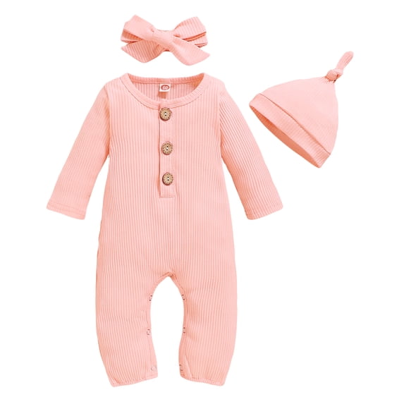 NZRVAWS Baby Girls Outfits 12 Months Baby Girls Solid Color 18 Months Baby Girls Romper Floral Hat Headband 3Pcs Winter Clothes Set,Pink