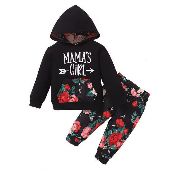 NZRVAWS Baby Girls Outfits For Winter 18 Months Girls Letter Print 24 Months Girls Floral Print Pocket Hoodies Pants 2Pcs Clothes Set,Black