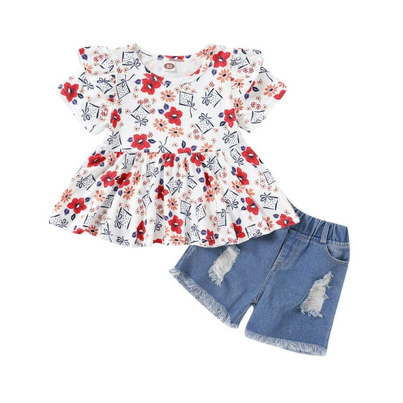 NZRVAWS Infant Baby Girl Summer Outfit Set Round Neck Ruffle Sleeve Floral Print Top and Ripped Denim Shorts Set Baby Girl Clothes 18-24 Months
