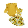 thumbnail image 1 of NZRVAWS Infant Girls Fall Outfits 12 Months Baby Girls Solid Color 18 Months Baby Girls Romper Top Sunflower Print Straps Suspender Skirts 2Pcs Fall Clothes Set,Yellow, 1 of 6