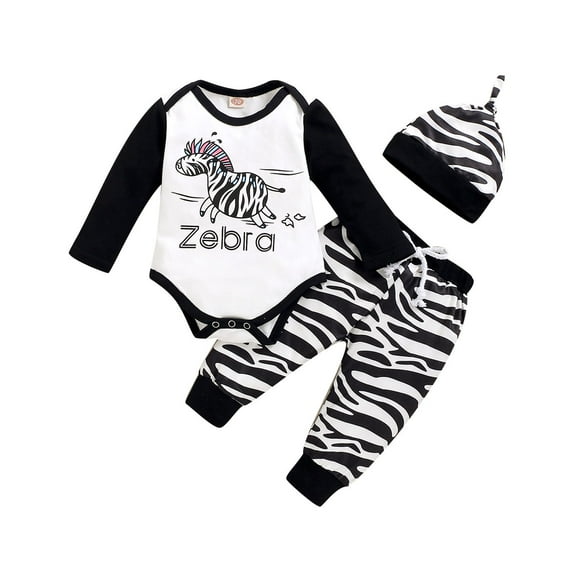NZRVAWS Newborn Baby Boys Outfits Zebra Print Long Sleeve Romper Top+Zebra Print Pants+Hat 3Pcs Clothes Set 6-9 Months,White