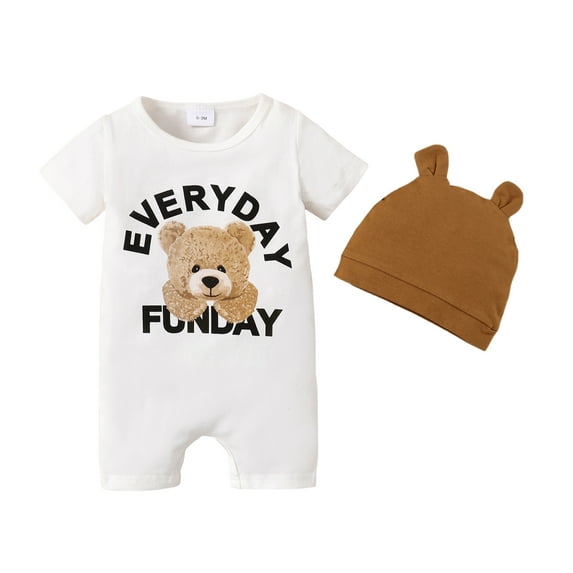 NZRVAWS Newborn Baby Boys Romper Short Sleeve Round Neck Bear Jumpsuit Bodysuit with Hat 6-9 Months