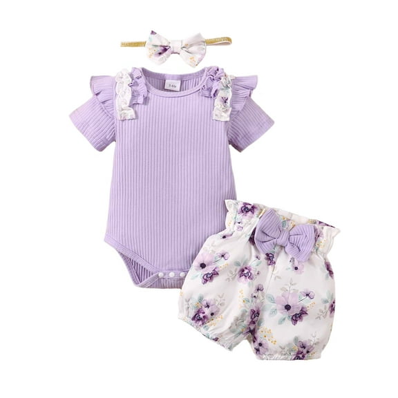 NZRVAWS Newborn Baby Girl Clothes Round Neck Ruffle Short Sleeve Romper Top and Floral Bloomer Shorts Headband Purple Baby Girl Outfit set 6-9 Months