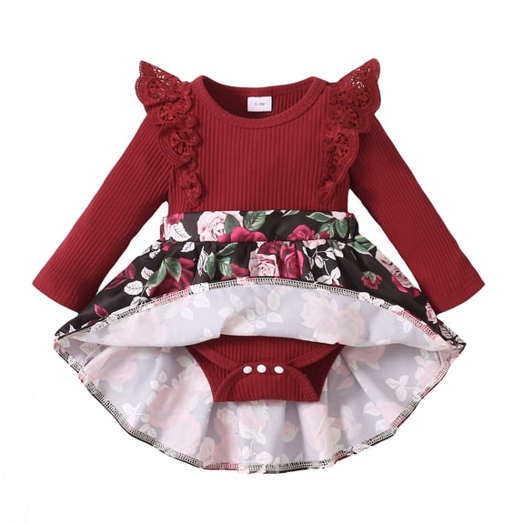 NZRVAWS Newborn Baby Girl Romper Lace Ruffle Long Sleeve Floral Skirt Jumpsuit Bodysuit One Piece Baby Girl Clothes 0-3 Months