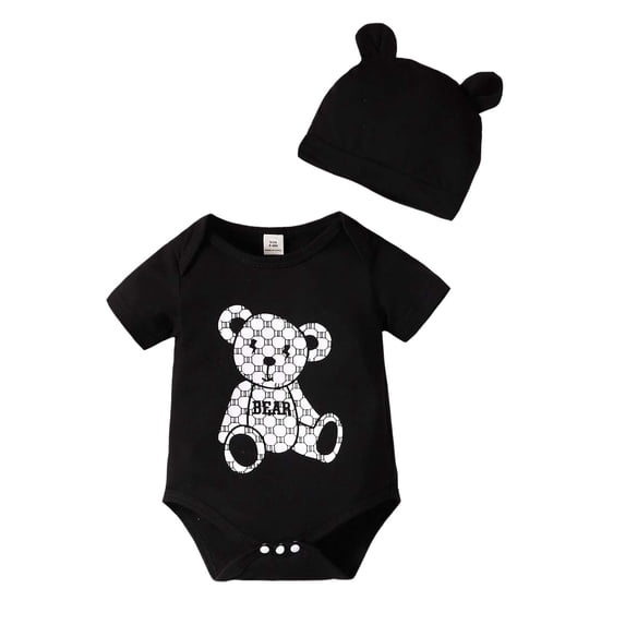 NZRVAWS Newborn Baby Girl Romper Short Sleeve Bear Print Romper Top with Hat 0-1 Months Baby Girl Clothes,Black