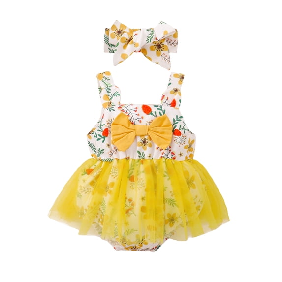 NZRVAWS Newborn Baby Girl Summer Romper Sleeveless Floral Print Romper Gauzy Skirt and Headband Baby Girl Dress 6-12 Months