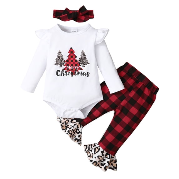 NZRVAWS Newborn Baby Girls Outfits Long Sleeve Christmas Trees Print Ruffle Sleeve Romper Top+Plaid Print Bell-bottomed Pants+Headband 3Pcs Clothes Set 9-12 Months,White
