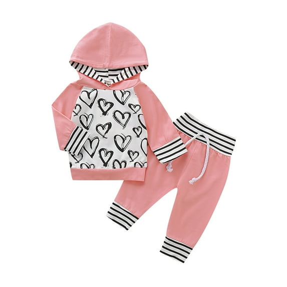 NZRVAWS Newborn Baby Girls Outfits Long Sleeve Heart Print Splice Hoodie Top +Elastic Pants 2Pcs Clothes Set 0-3 Months,Pink