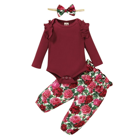 NZRVAWS Newborn Baby Girls Outfits Long Sleeve Solid Color Ruffle Sleeve Romper Top+Floral Print Pants+Headband 3PCS Clothes Set 6-9 Months,Red