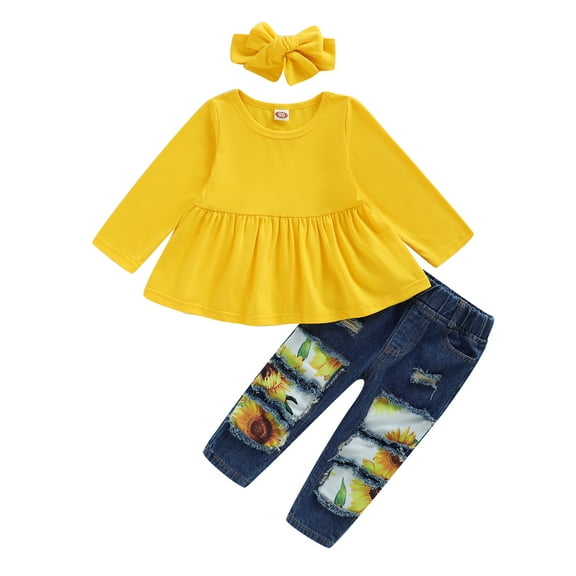 NZRVAWS Toddler Baby Girls Winter Outfits Solid Color Tops 3T Baby Girls Ripped Jeans Pants 4T Baby Girls Headband 3PCS Winter Clothes Set,Yellow