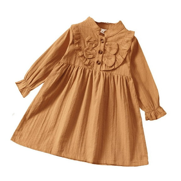 NZRVAWS Toddler Girls Dress 4T Baby Girls Solid Color 5T Little Girls Stand-up Collar Dress 1PCS Fall Winter Dress,Yellow